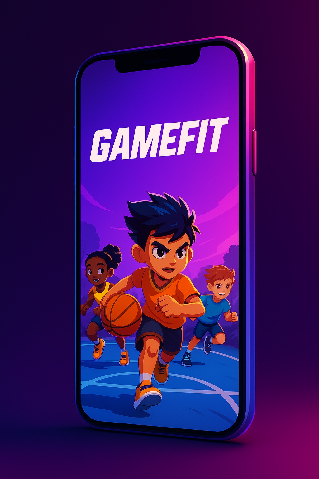 GameFit concept artwork: illustrated young basketball players in motion on a mobile game screen