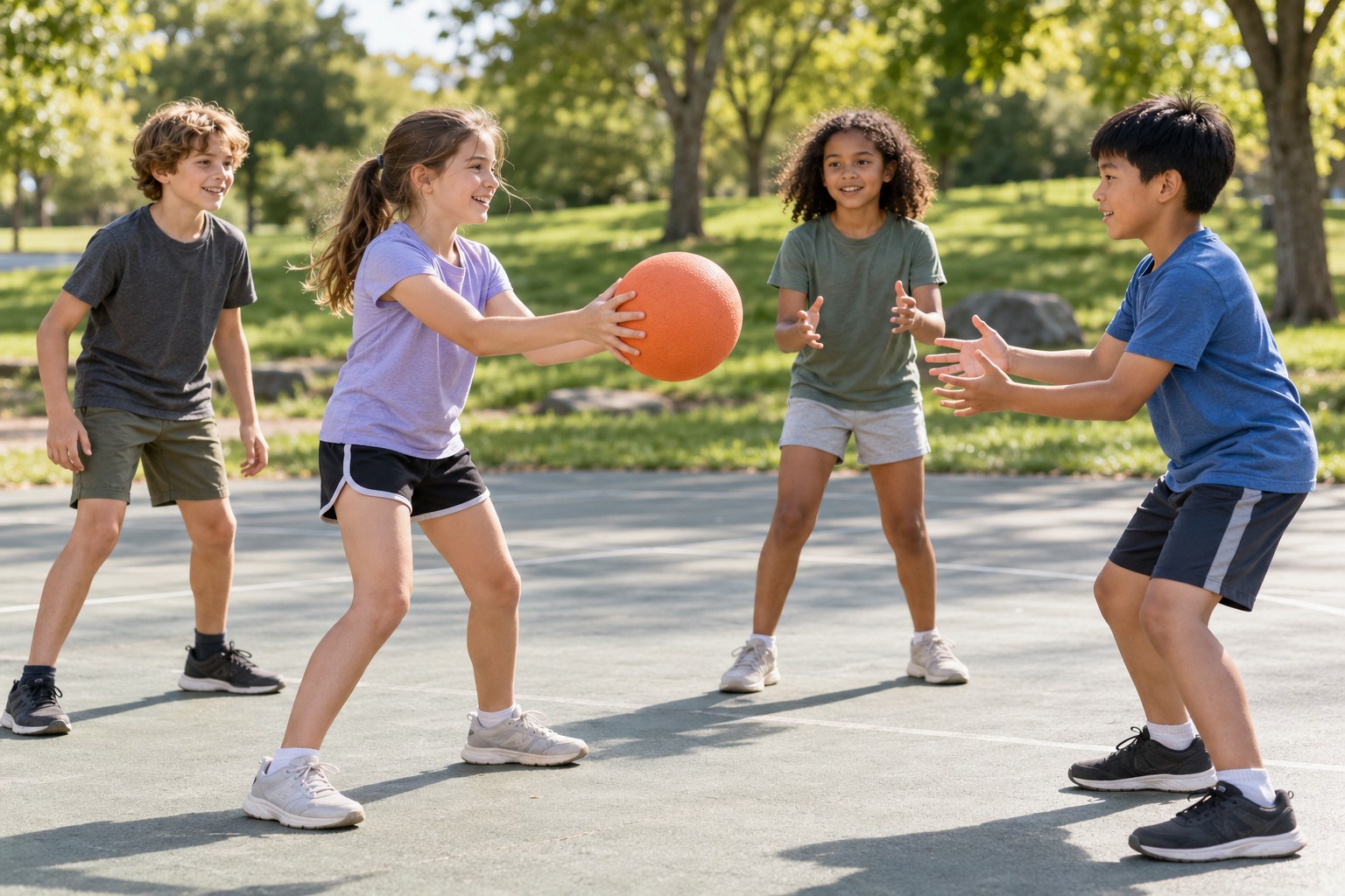 Illustrative scene of children cooperating in a ball-passing game on an outdoor court.